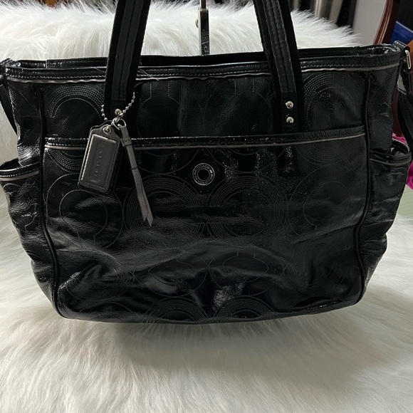 Coach Signature Black Patent Leather Baby Diaper Tote Shoulder Bag F17940 XL Bag - Picture 2 of 11
